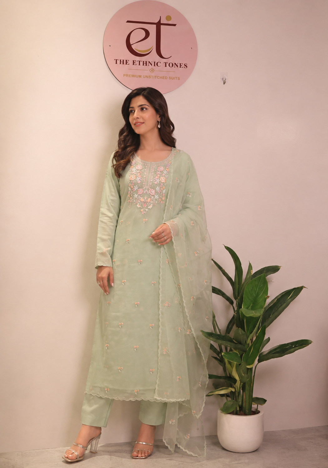 Mint Green Organza Unstitched Suit with Multi-Colour Floral Yoke Embroidery