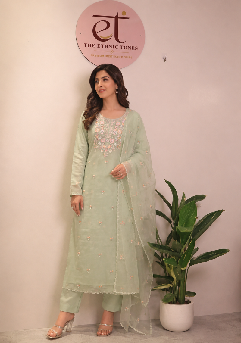 Mint Green Organza Unstitched Suit with Multi-Colour Floral Yoke Embroidery