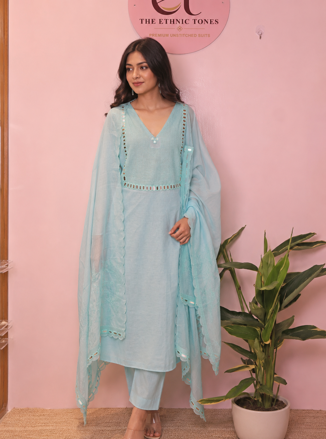 Powder Blue Mul Chanderi Unstitched Suit with Kantha Hand Embroidery & Mirror Work