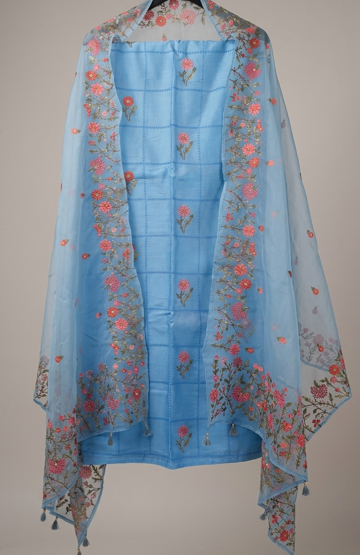 Mul Chanderi Embroidered Unstitched Suit Set with Organza Dupatta - Sky Blue