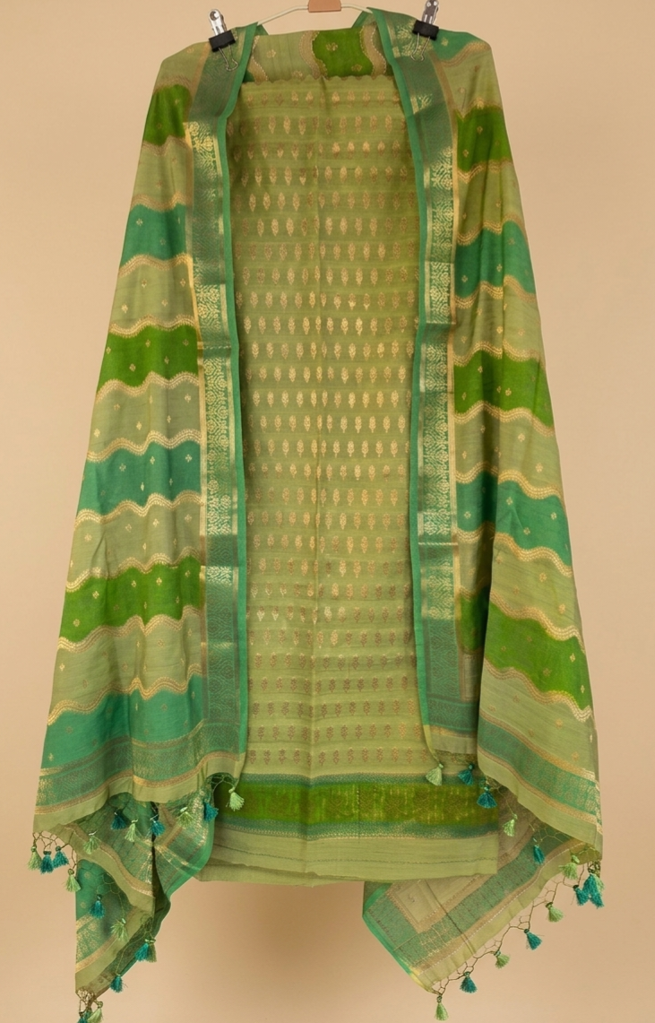 Banarasi Silk Unstitched Suit Set with Gold Zari Work - Sage Green