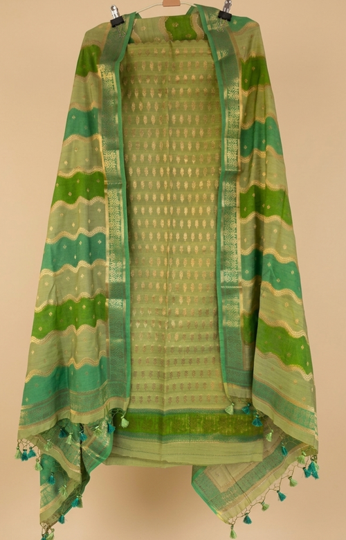 Banarasi Silk Unstitched Suit Set with Gold Zari Work - Sage Green