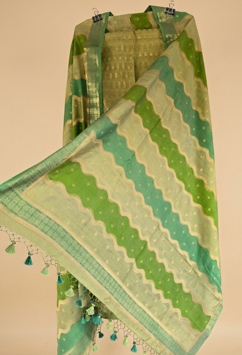 Banarasi Silk Unstitched Suit Set with Gold Zari Work - Sage Green