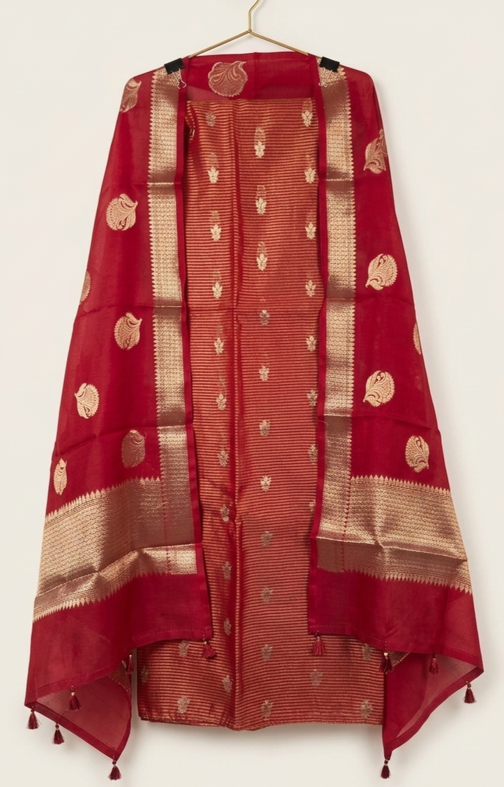 Banarasi Striped Unstitched Silk Suit Set with Zari Butis & Contrast Dupatta