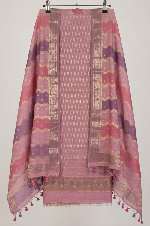 Banarasi Silk Unstitched Suit Set with Gold Zari Work - Lavender Pink