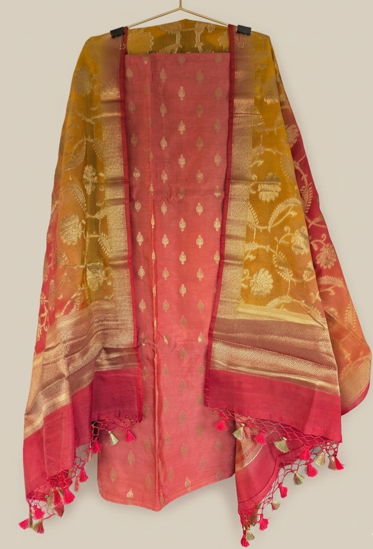Banarasi Unstitched Suit Set with Three Tone Dupatta