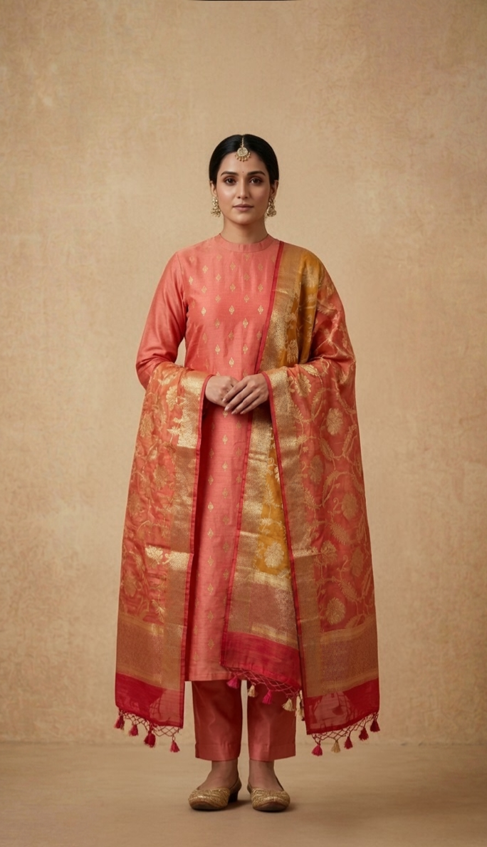 Banarasi Unstitched Suit Set with Three Tone Dupatta