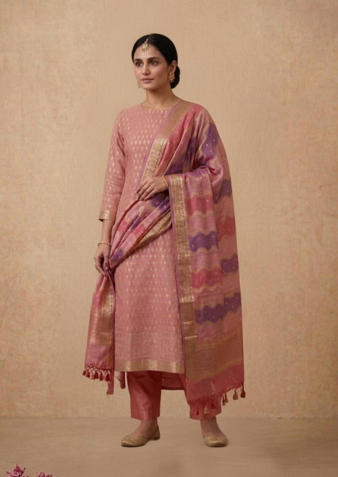 Banarasi Silk Unstitched Suit Set with Gold Zari Work - Lavender Pink