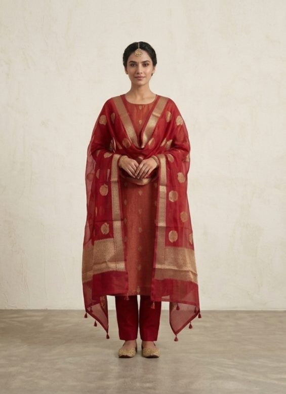 Banarasi Striped Unstitched Silk Suit Set with Zari Butis & Contrast Dupatta