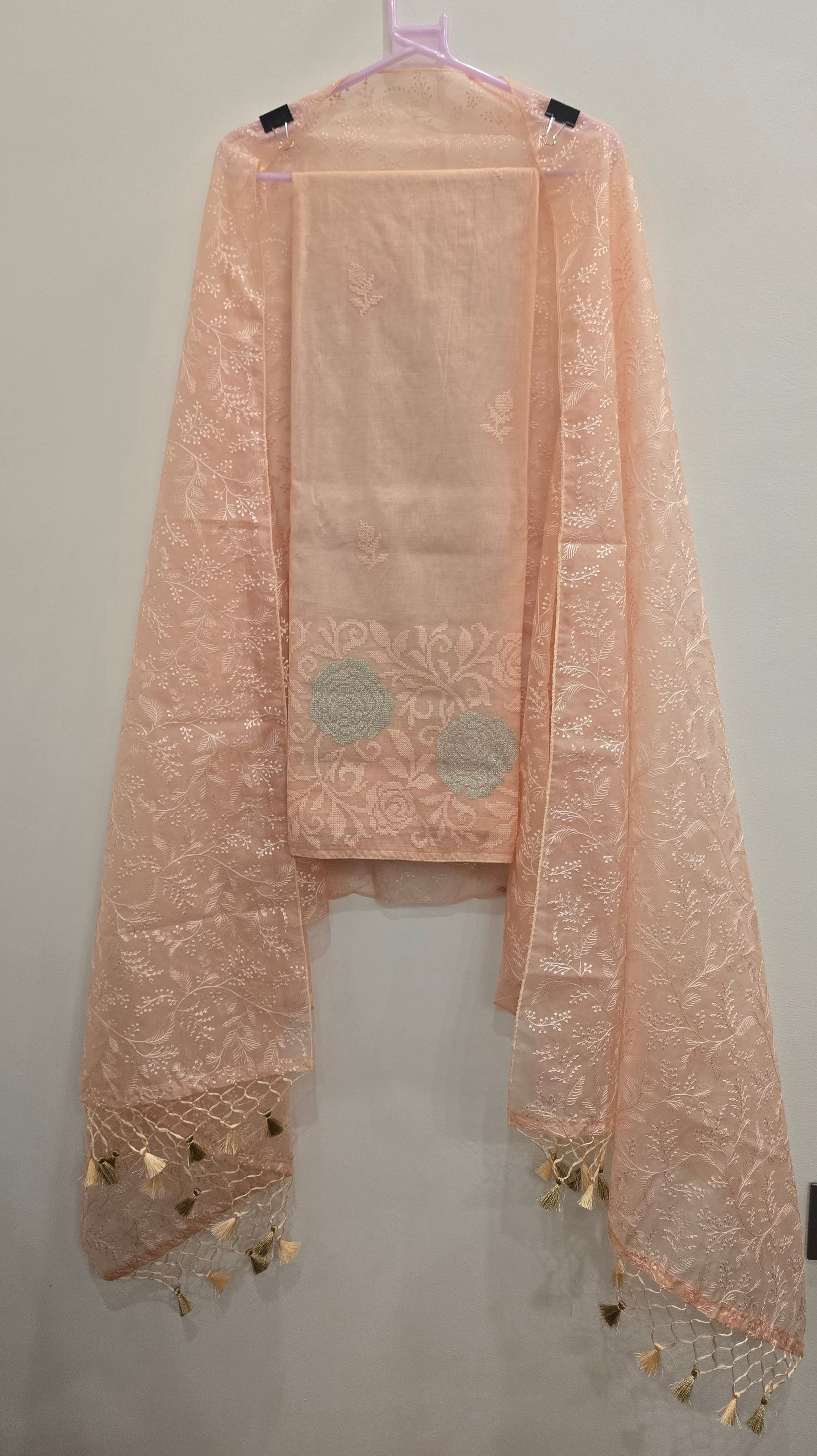 Mul Cotton Cross-Stitch Embroidered Unstitched Suit Set with Organza Dupatta - Peach