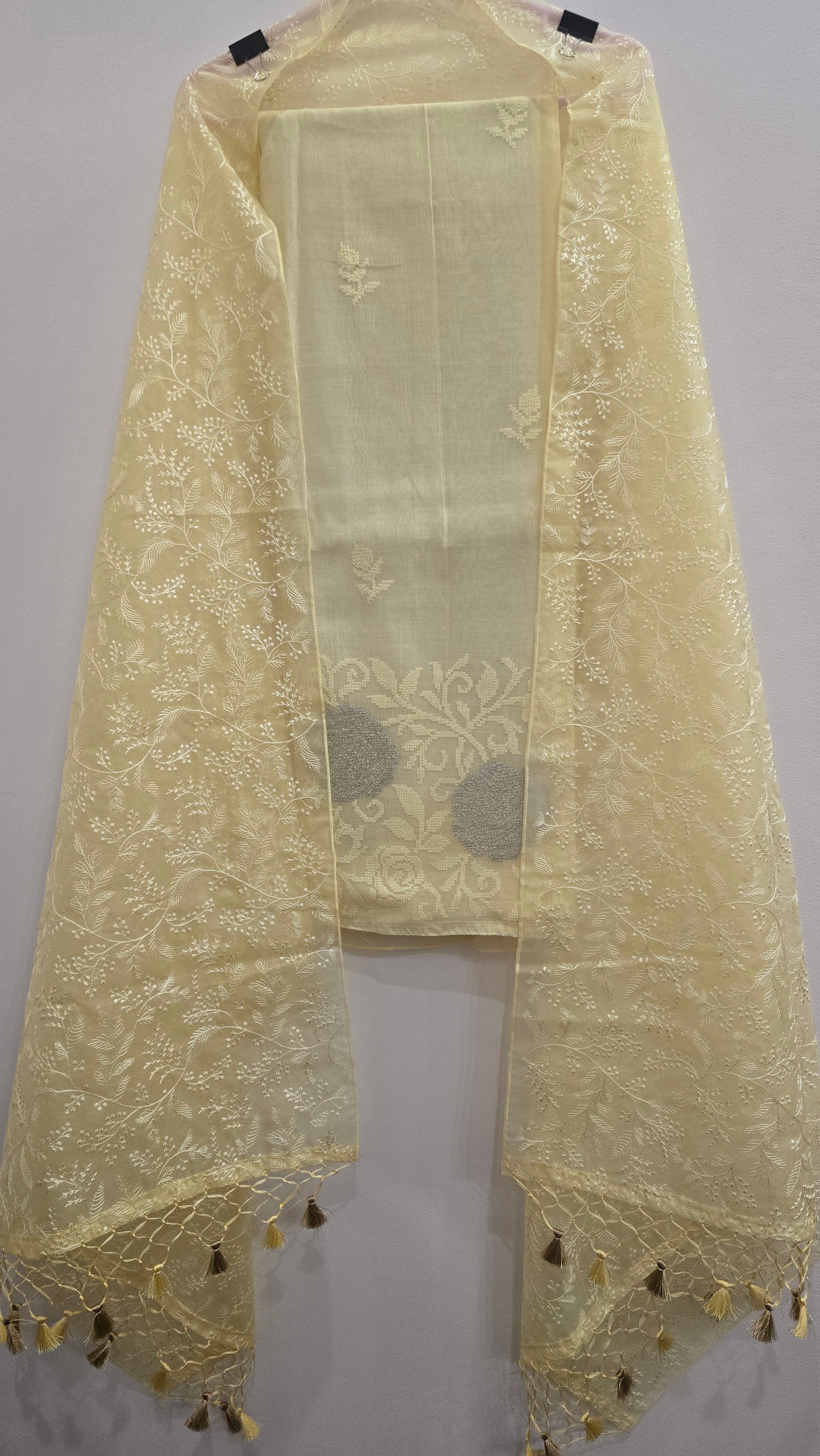 Mul Cotton Cross-Stitch Embroidered Unstitched Suit Set with Organza Dupatta - Yellow