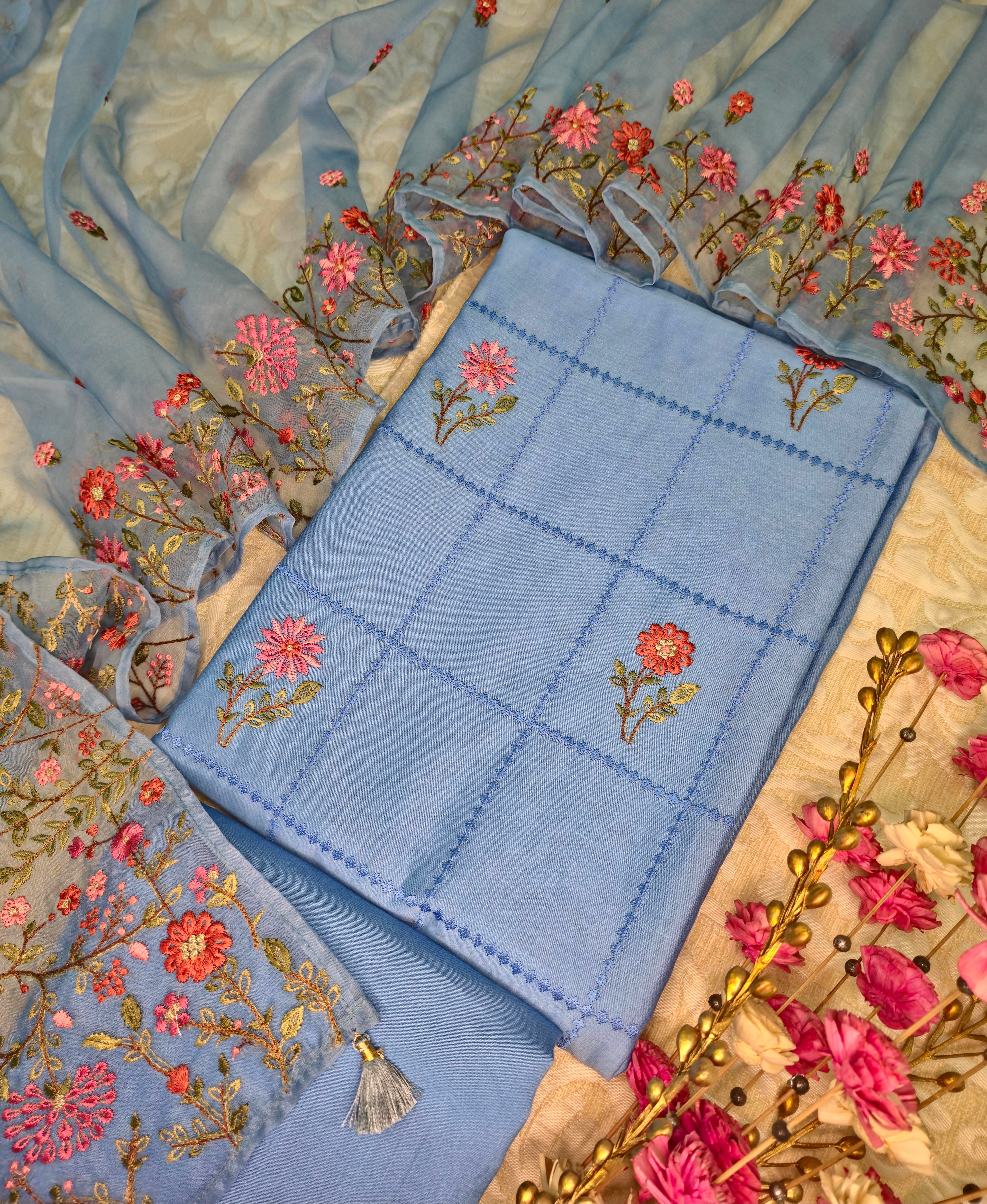 Mul Chanderi Embroidered Unstitched Suit Set with Organza Dupatta