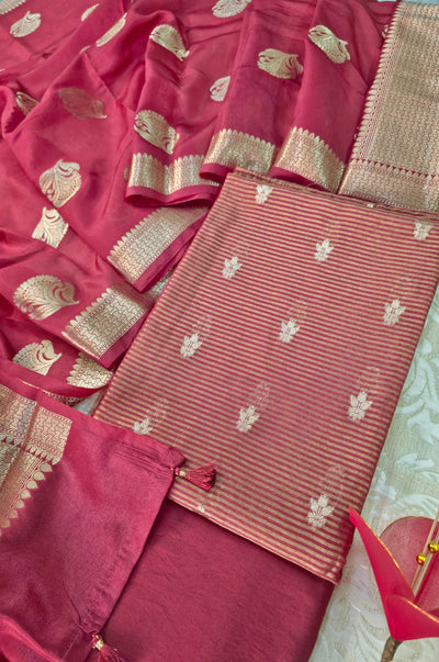 Banarasi Striped Unstitched Silk Suit Set with Zari Butis & Contrast Dupatta