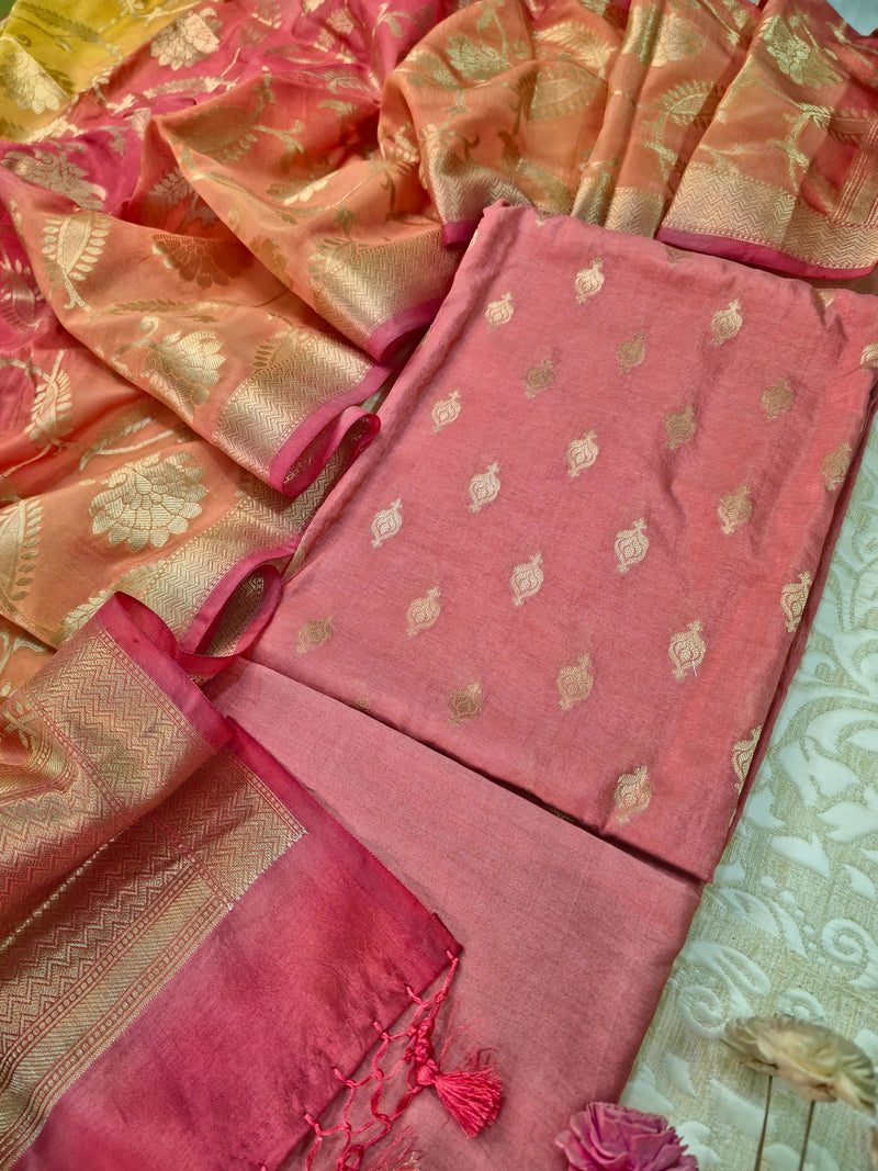 Banarasi Unstitched Suit Set with Three Tone Dupatta