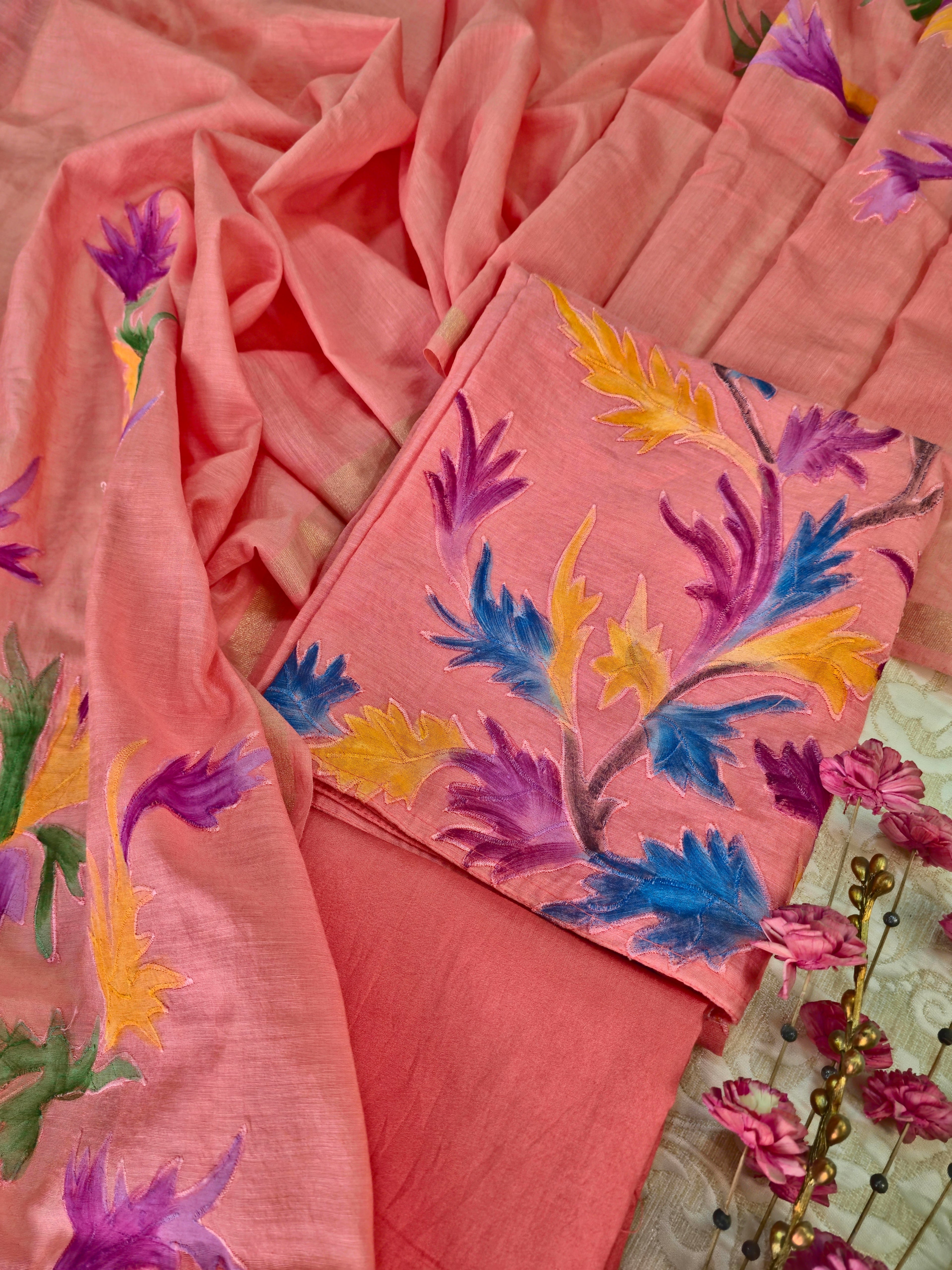 Mul Cotton Unstitched Suit Set with Hand Painted Appliqué Work
