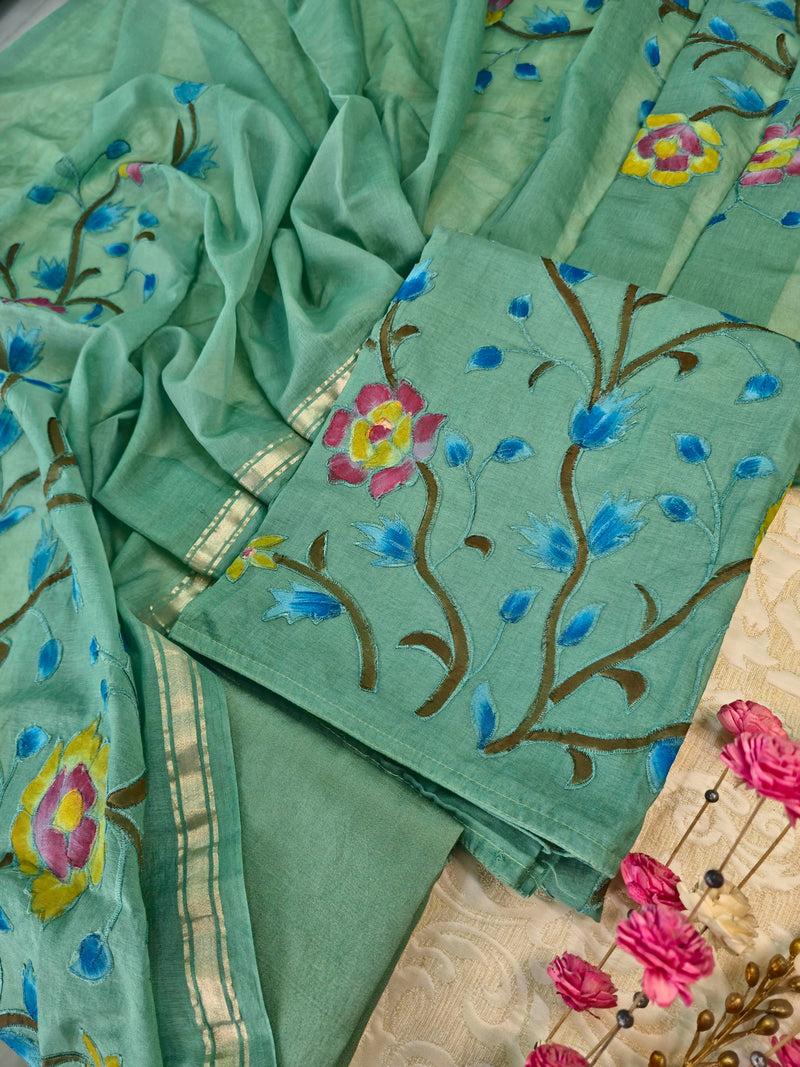 Mul Cotton Unstitched Suit Set with Hand Painted Appliqué Work