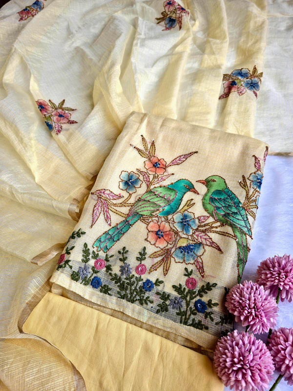 Kota Doria Hand-Painted Bird & Floral Unstitched Suit Set