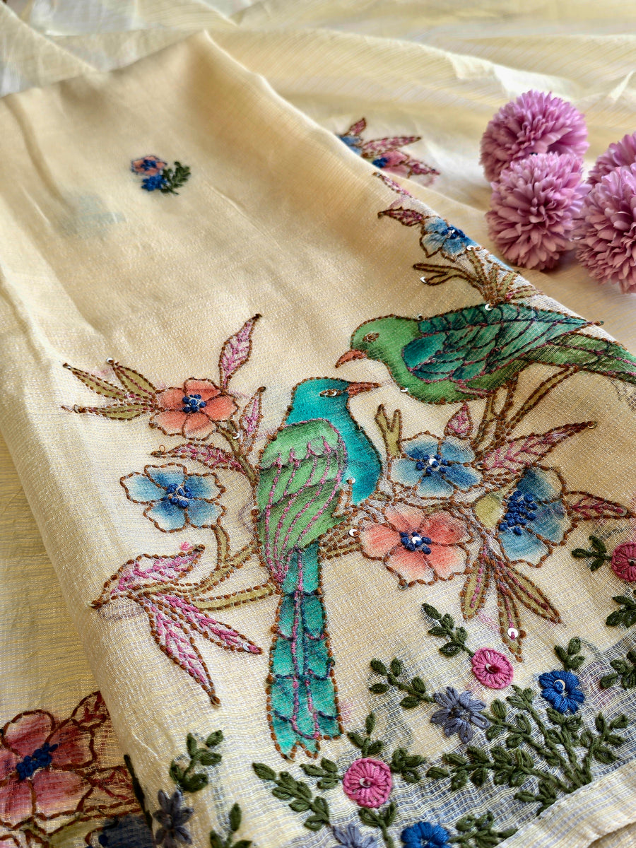 Kota Doria Hand-Painted Bird & Floral Unstitched Suit Set