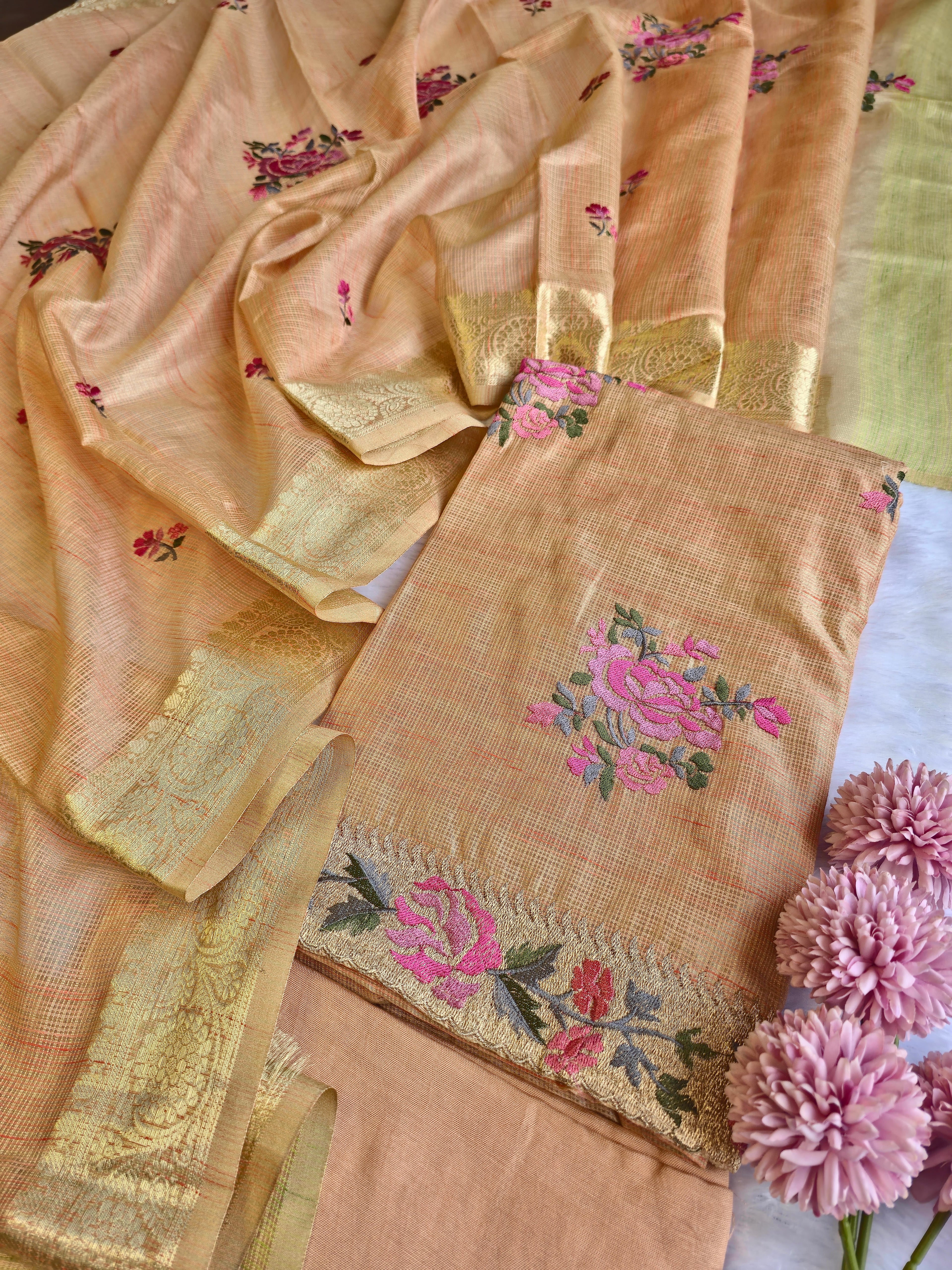 Kota Doria Rose Embroidered Unstitched Suit Set