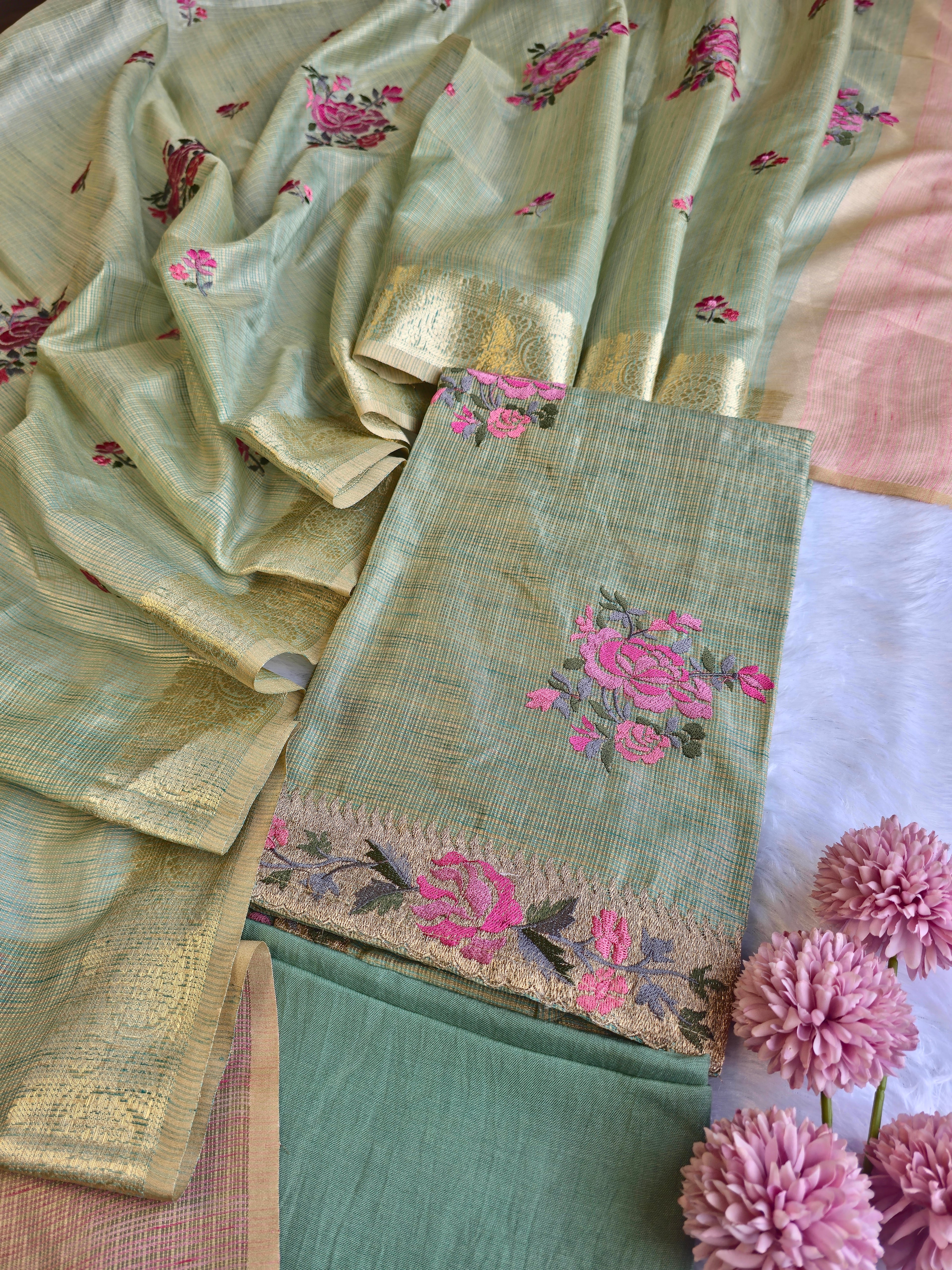Kota Doria Rose Embroidered Unstitched Suit Set