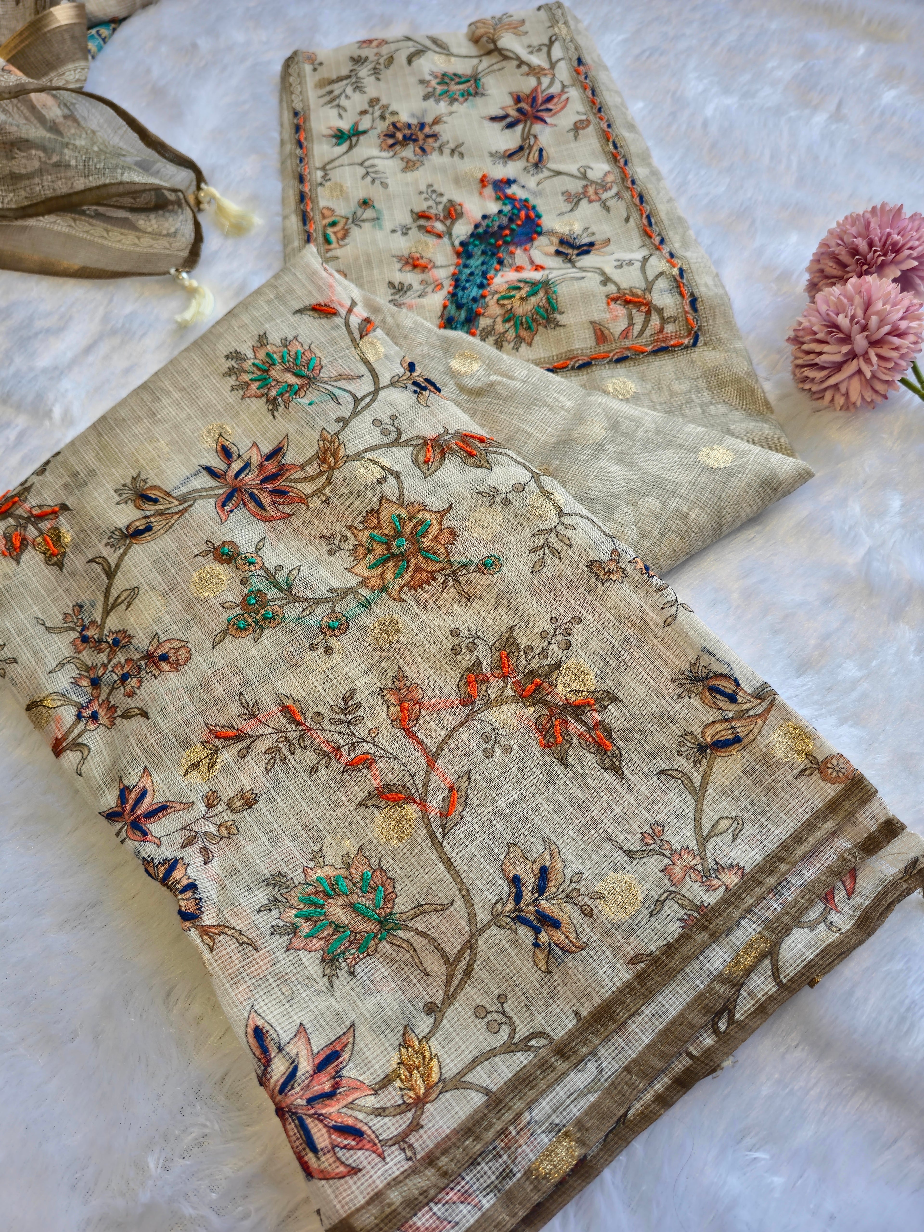 Kota Doria Peacock Jaal Printed Unstitched Suit Set