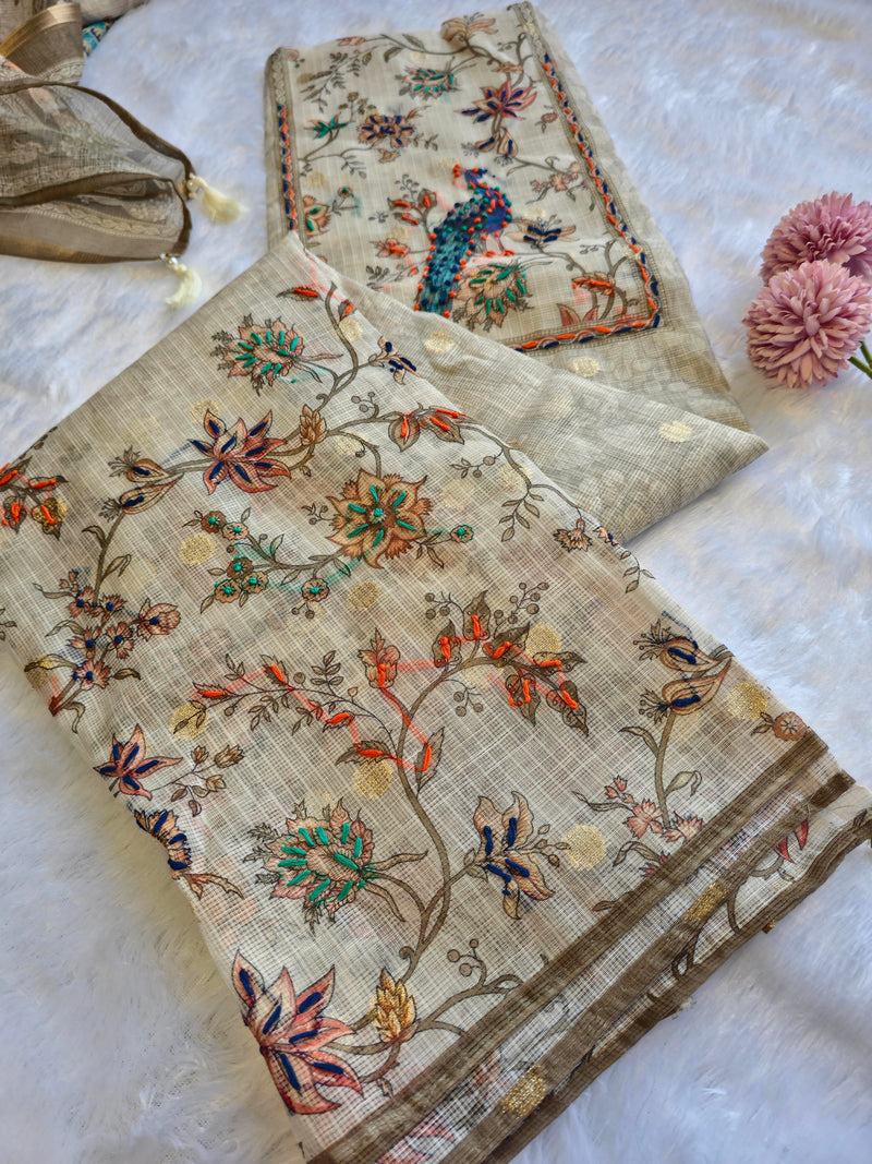 Kota Doria Peacock Jaal Printed Unstitched Suit Set
