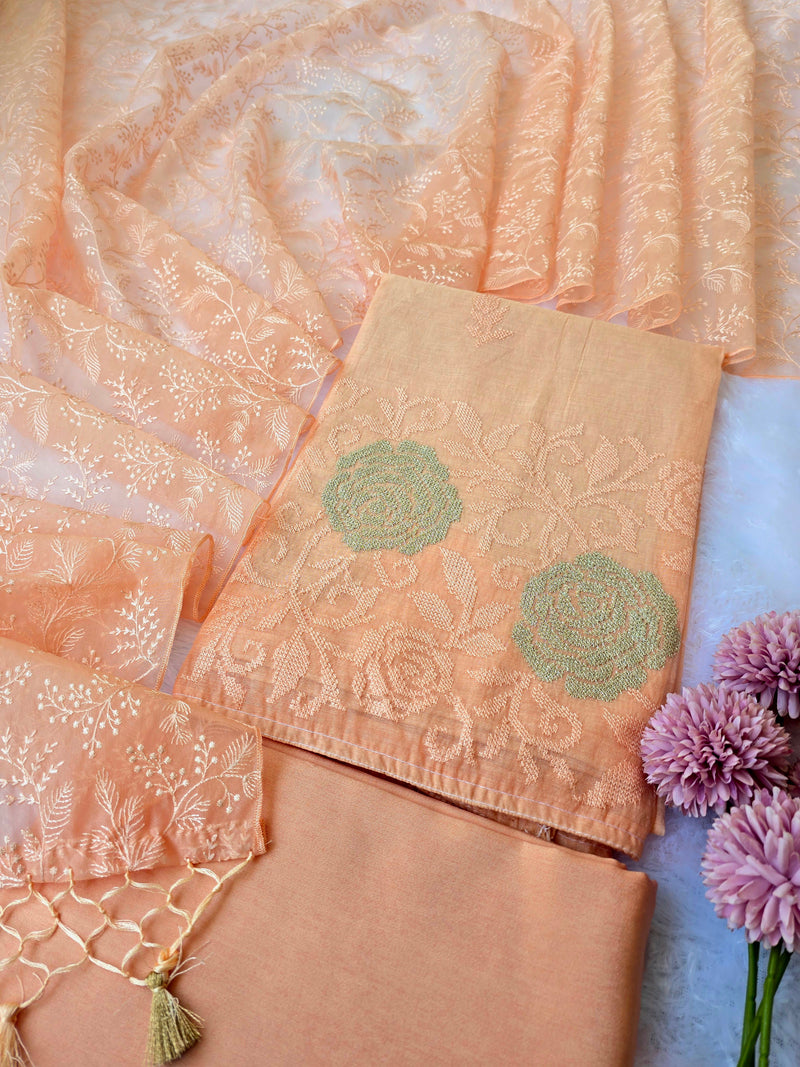 Mul Cotton Cross-Stitch Embroidered Unstitched Suit Set with Organza Dupatta - Peach