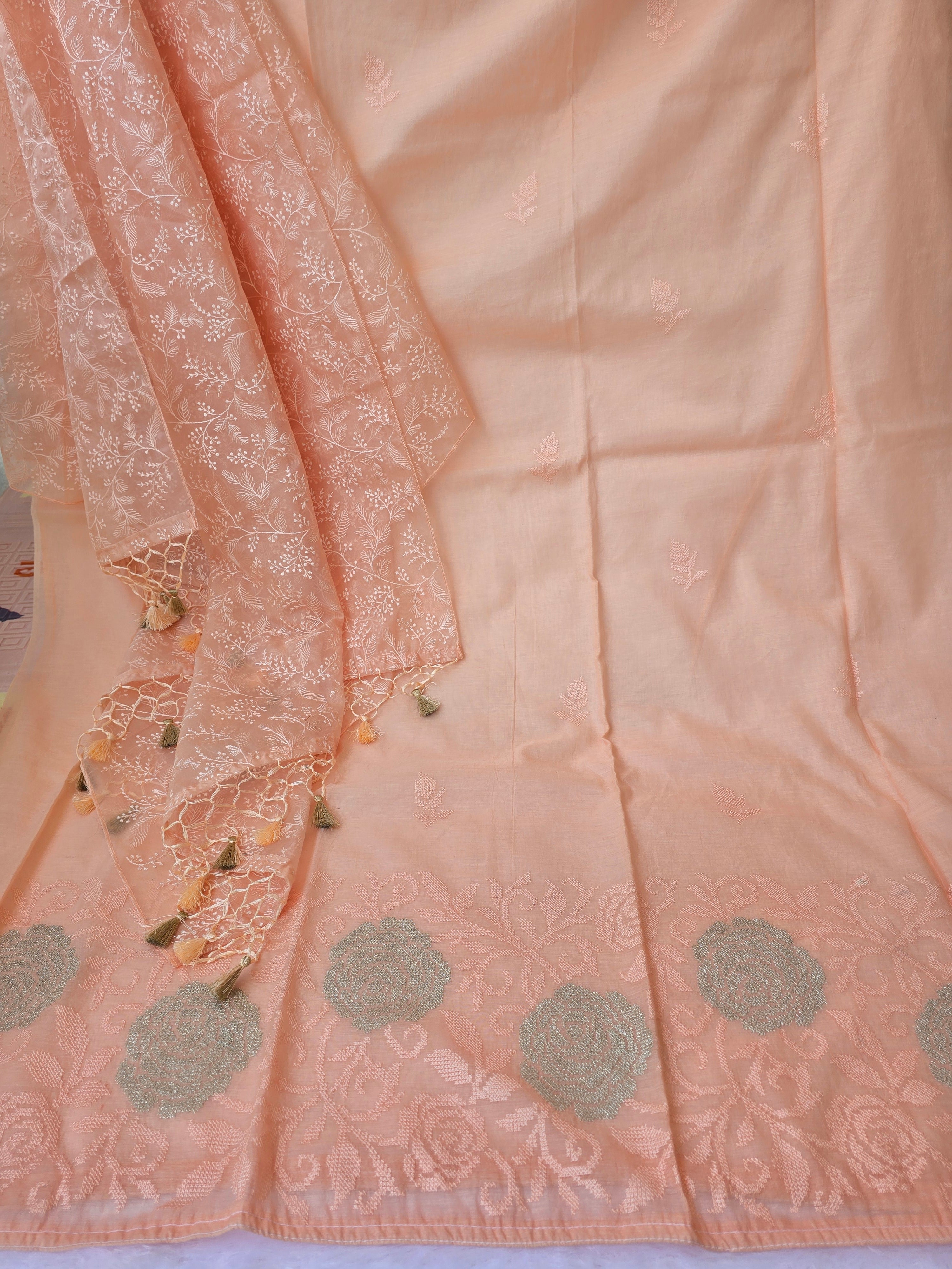 Mul Cotton Cross-Stitch Embroidered Unstitched Suit Set with Organza Dupatta - Peach