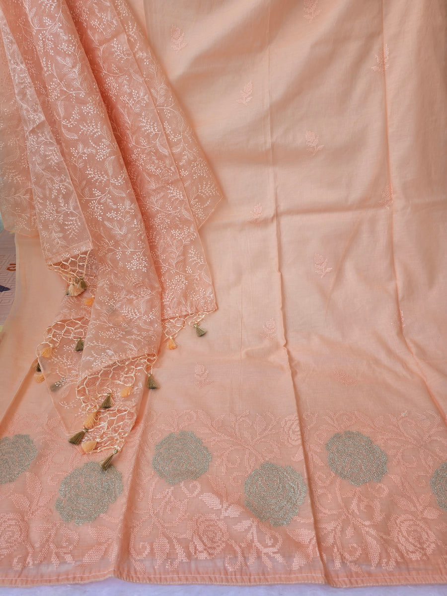 Mul Cotton Cross-Stitch Embroidered Unstitched Suit Set with Organza Dupatta - Peach
