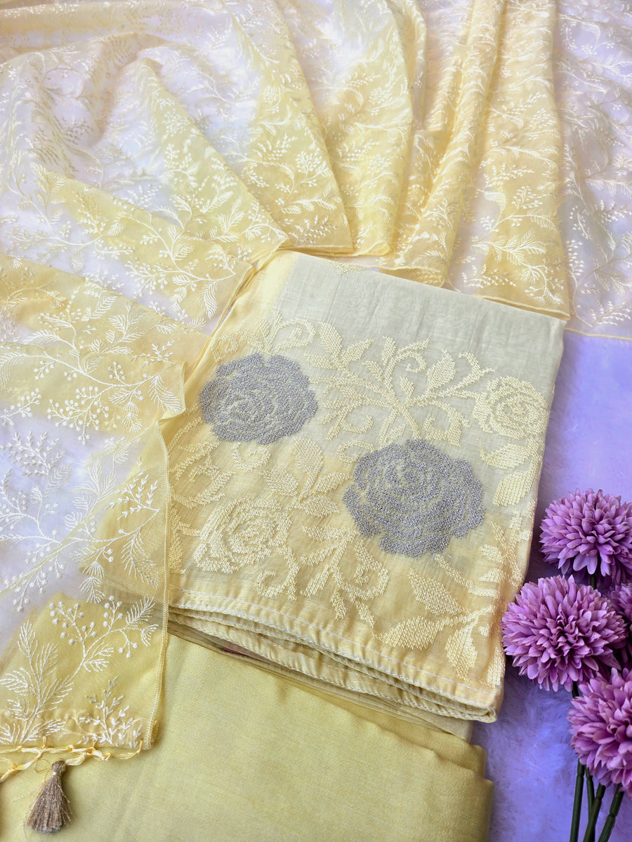 Mul Cotton Cross-Stitch Embroidered Unstitched Suit Set with Organza Dupatta - Yellow