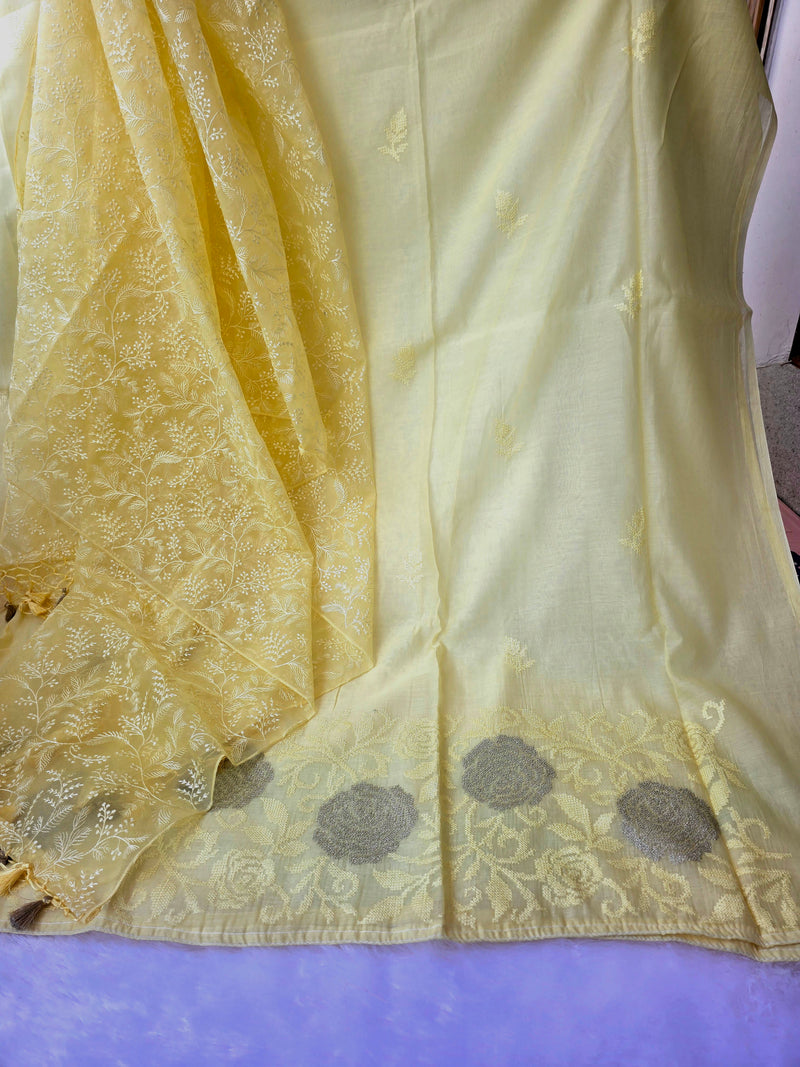 Mul Cotton Cross-Stitch Embroidered Unstitched Suit Set with Organza Dupatta - Yellow