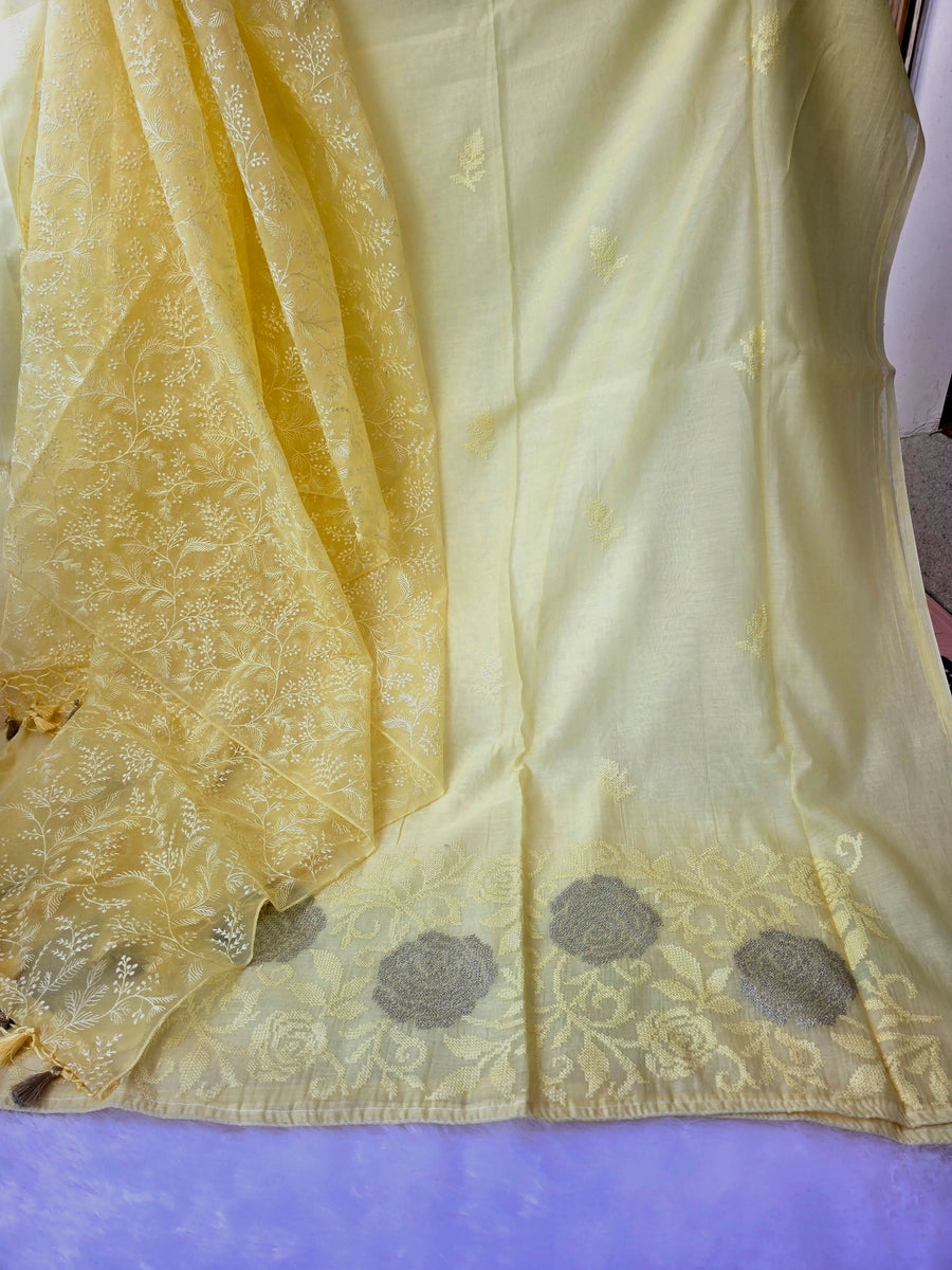 Mul Cotton Cross-Stitch Embroidered Unstitched Suit Set with Organza Dupatta - Yellow