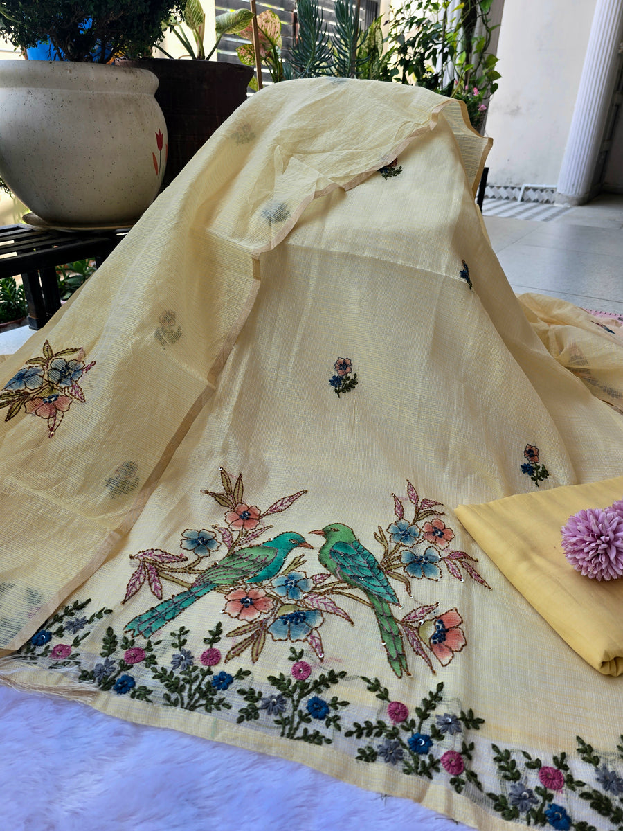 Kota Doria Hand-Painted Bird & Floral Unstitched Suit Set