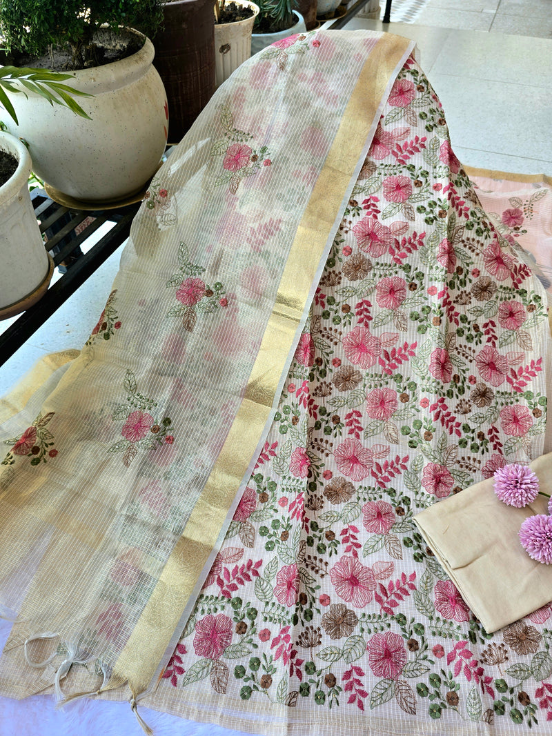 Kota Doria Embroidered Unstitched Suit Set - Ivory
