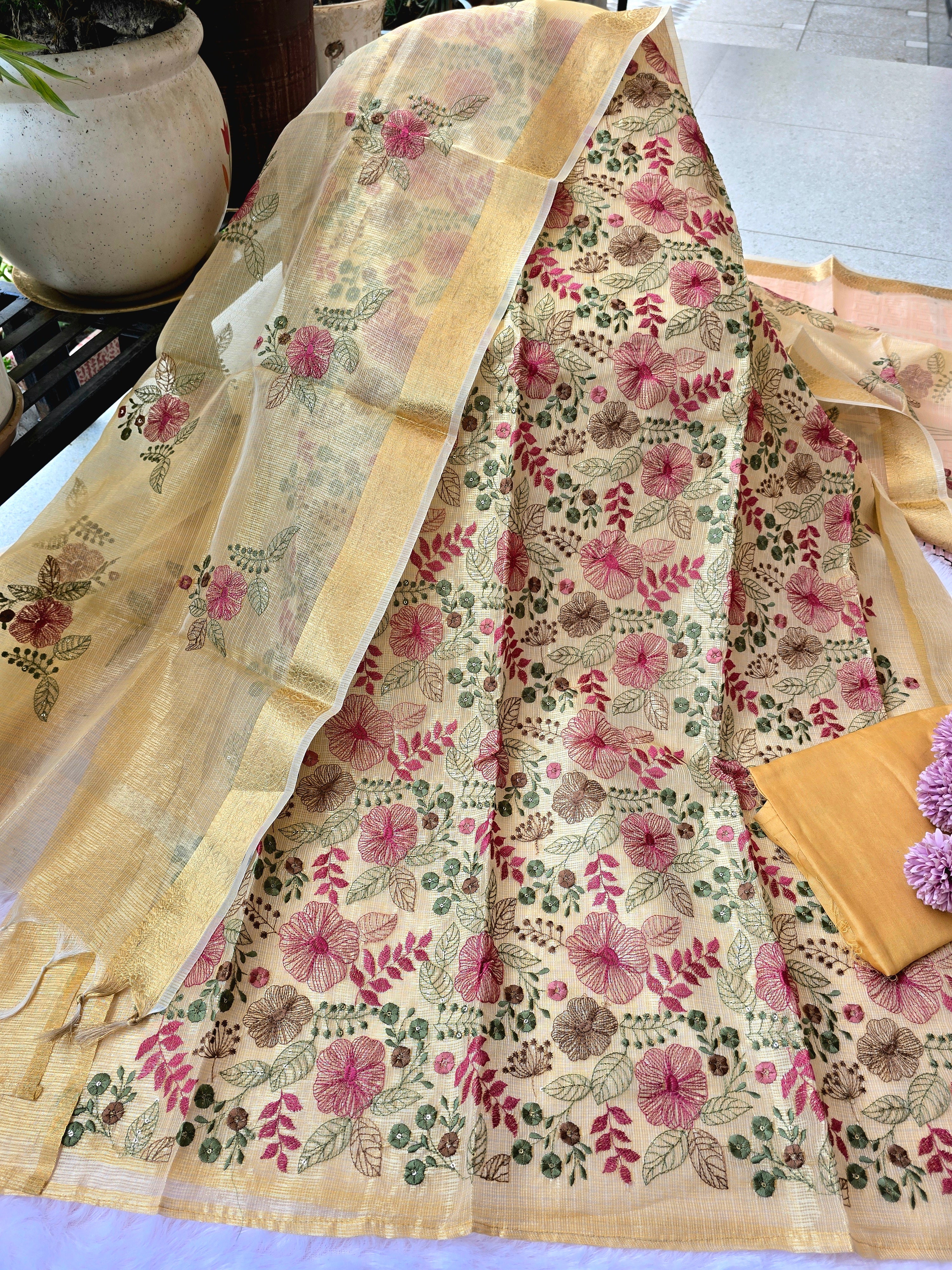 Kota Doria Embroidered Unstitched Suit Set - Golden