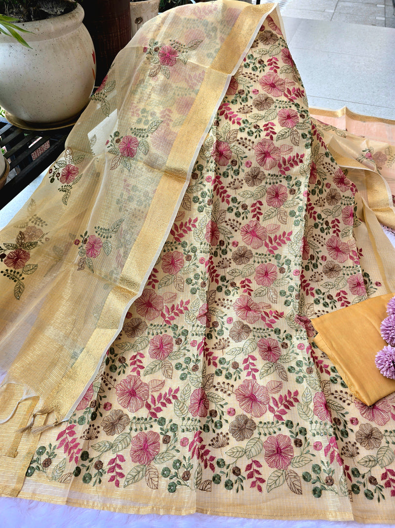 Kota Doria Embroidered Unstitched Suit Set - Golden