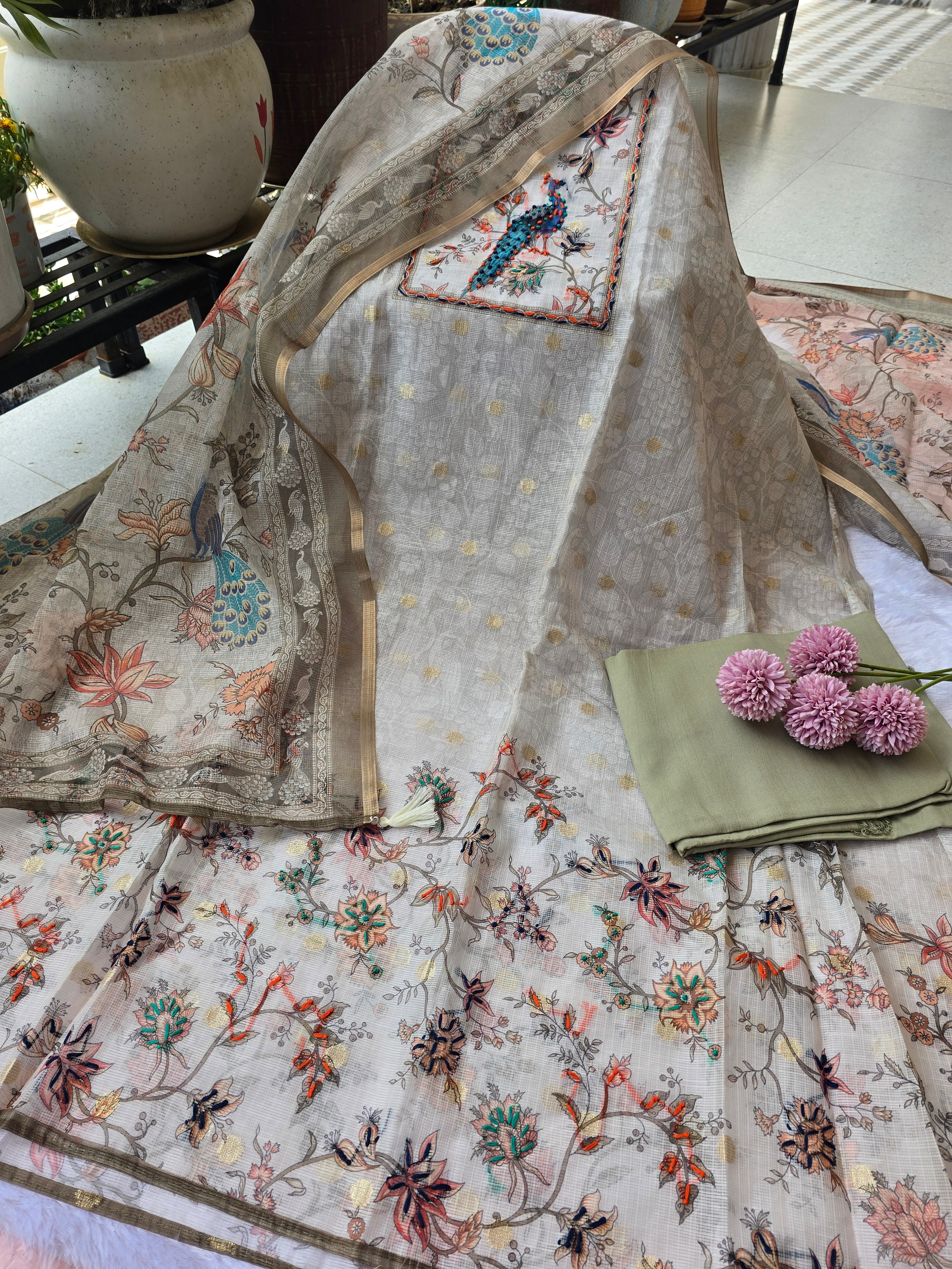 Kota Doria Peacock Jaal Printed Unstitched Suit Set