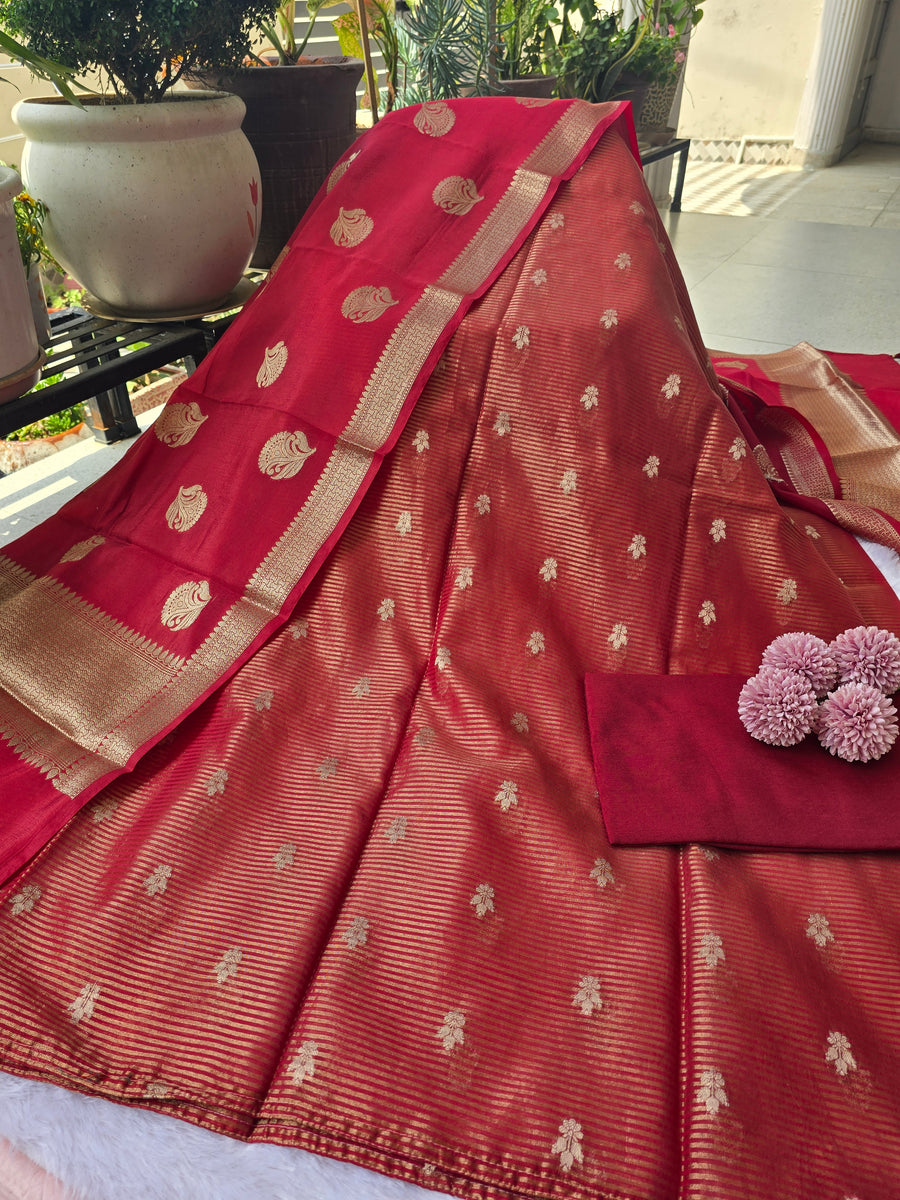 Banarasi Striped Unstitched Silk Suit Set with Zari Butis & Contrast Dupatta