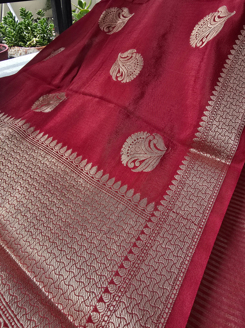 Banarasi Striped Unstitched Silk Suit Set with Zari Butis & Contrast Dupatta