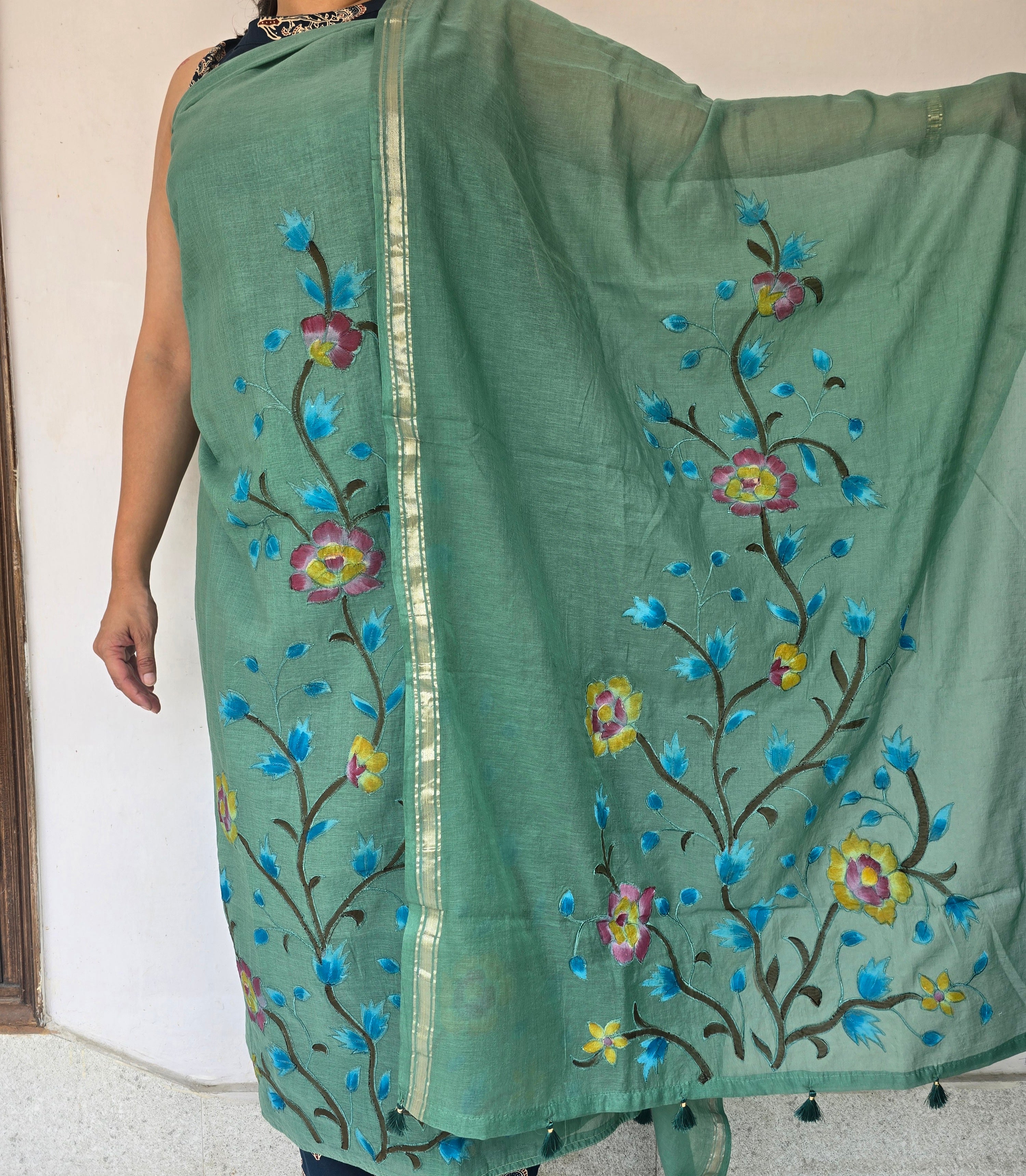 Mul Cotton Unstitched Suit Set with Hand Painted Appliqué Work - Teal Green