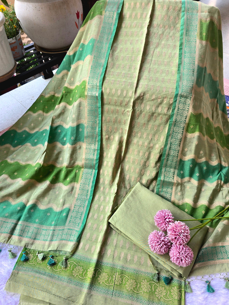 Banarasi Silk Unstitched Suit Set with Gold Zari Work - Sage Green