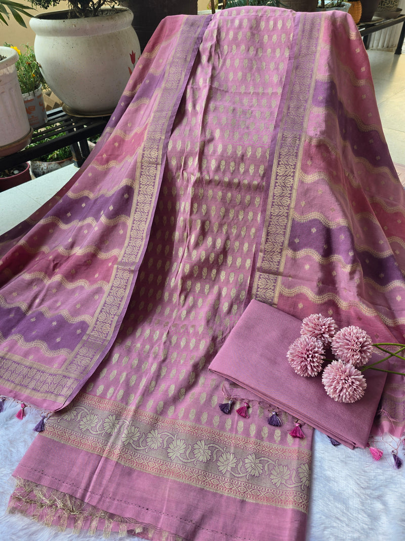 Banarasi Silk Unstitched Suit Set with Gold Zari Work - Lavender Pink