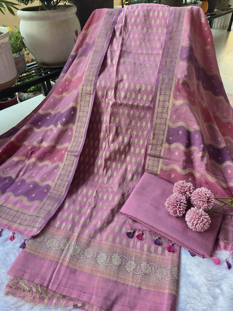 Banarasi Silk Unstitched Suit Set with Gold Zari Work - Lavender Pink