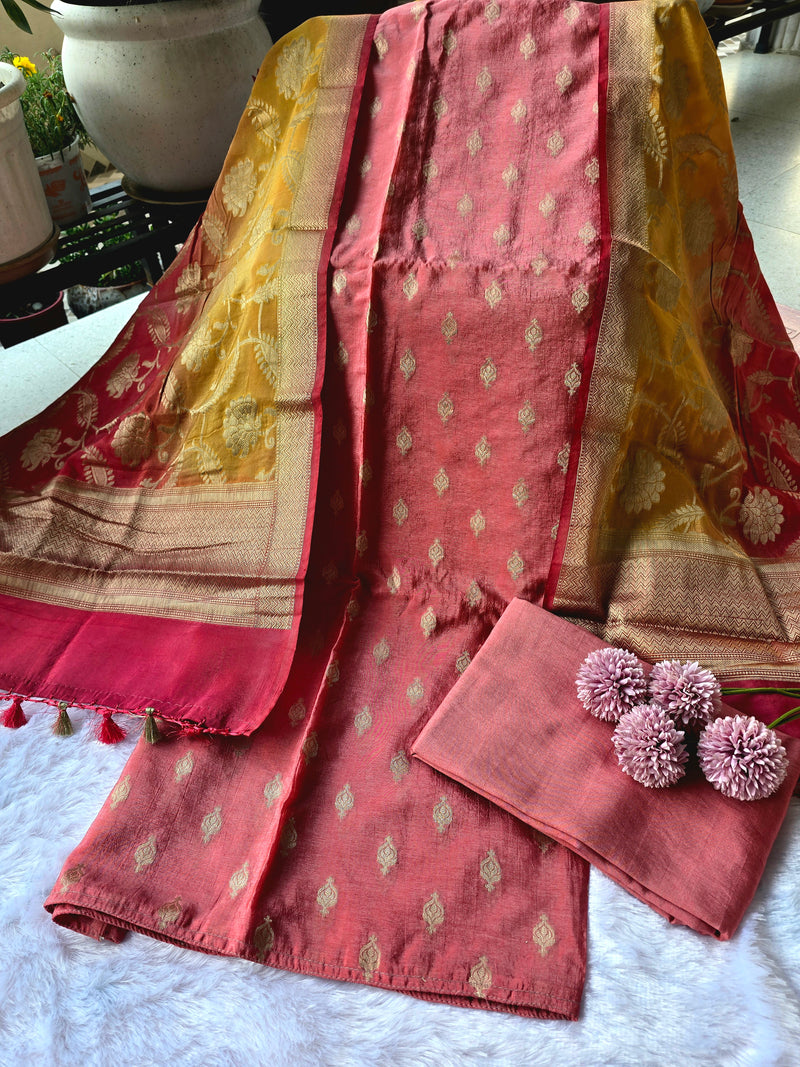 Banarasi Unstitched Suit Set with Three Tone Dupatta