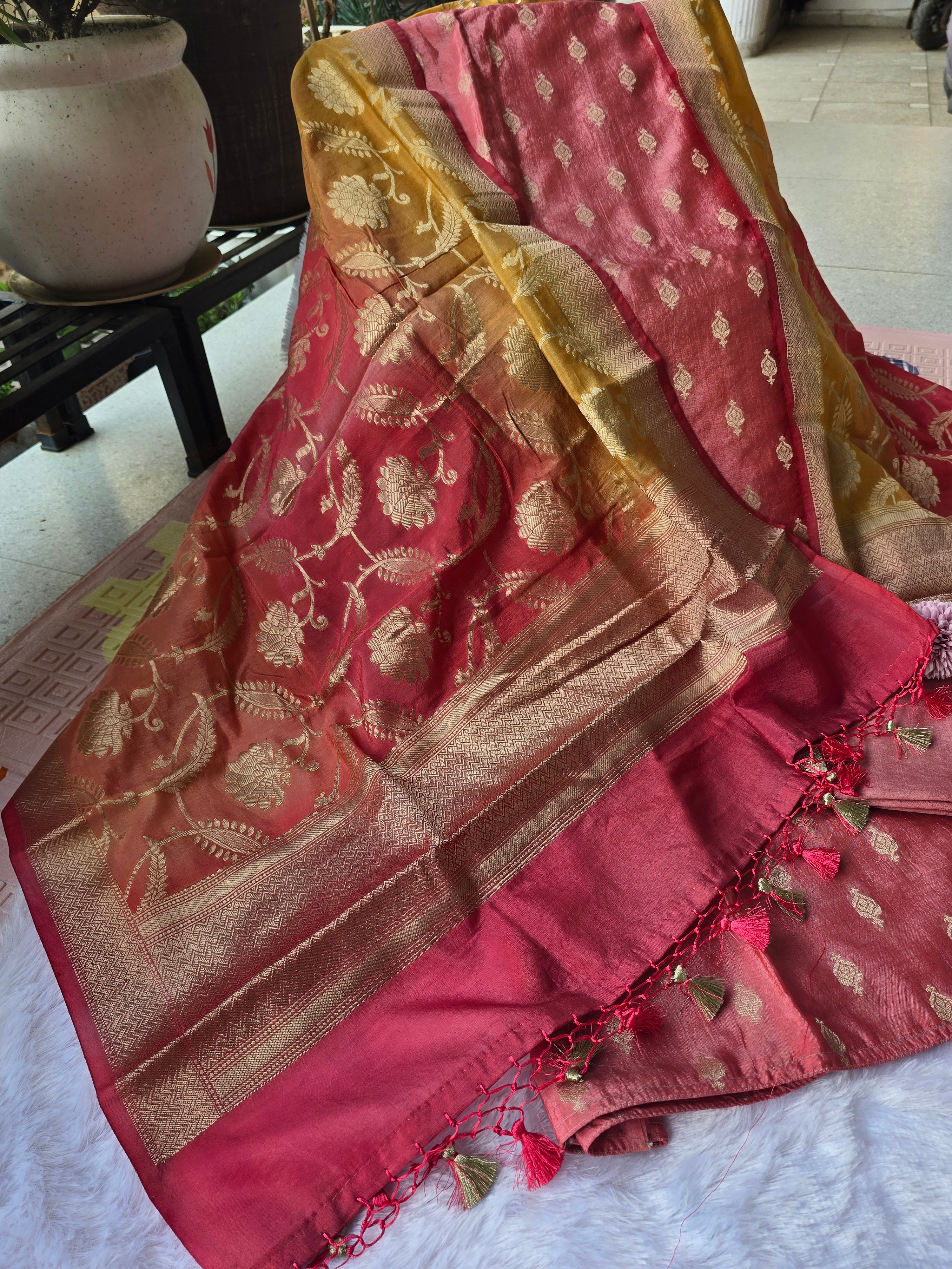 Banarasi Unstitched Suit Set with Three Tone Dupatta