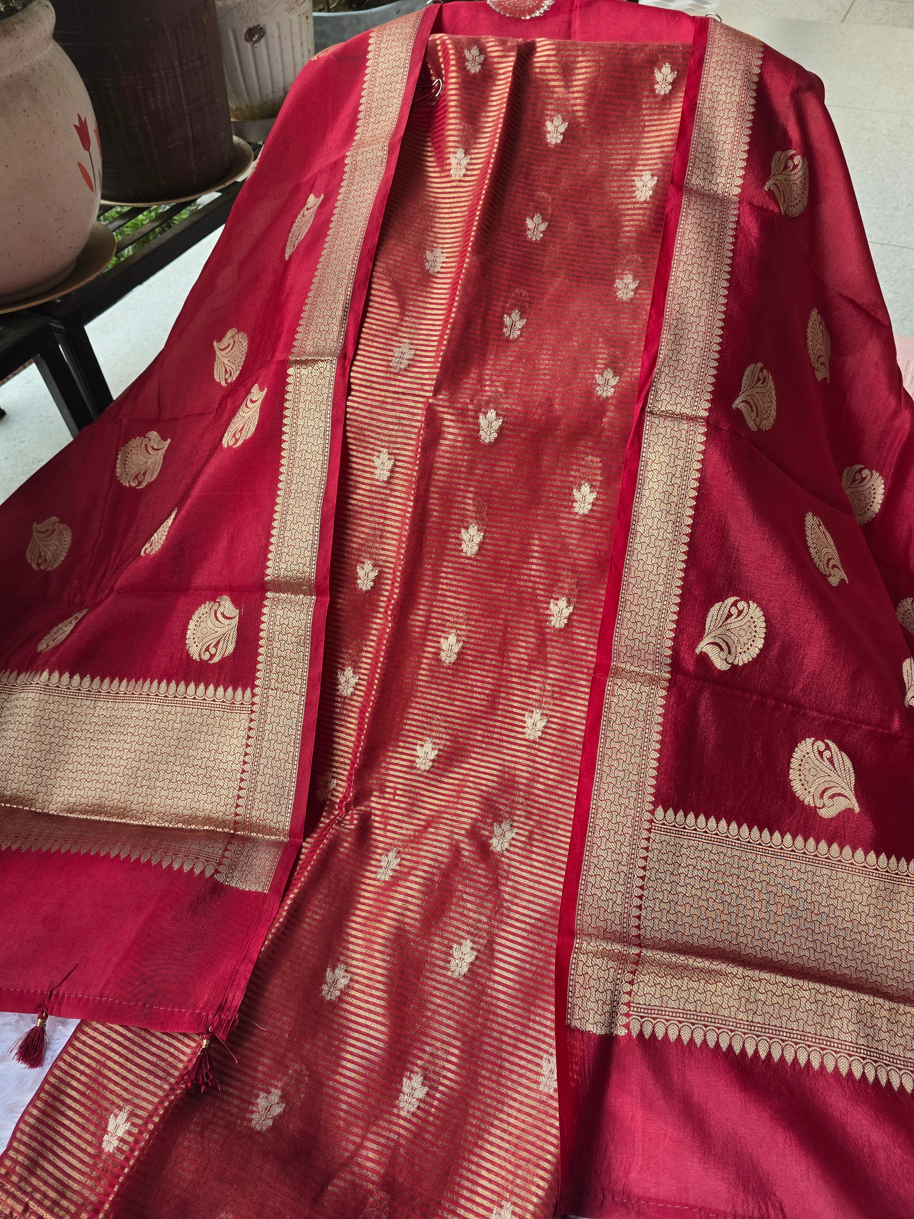 Banarasi Striped Unstitched Silk Suit Set with Zari Butis & Contrast Dupatta