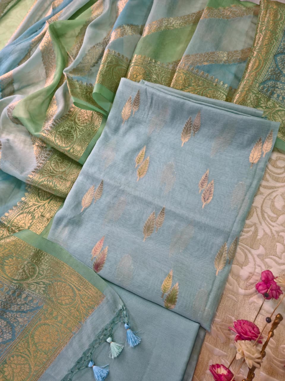 Sky Blue Banarasi Silk Unstitched Suit Set with Gold Zari Work