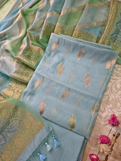 Sky Blue Banarasi Silk Unstitched Suit Set with Gold Zari Work