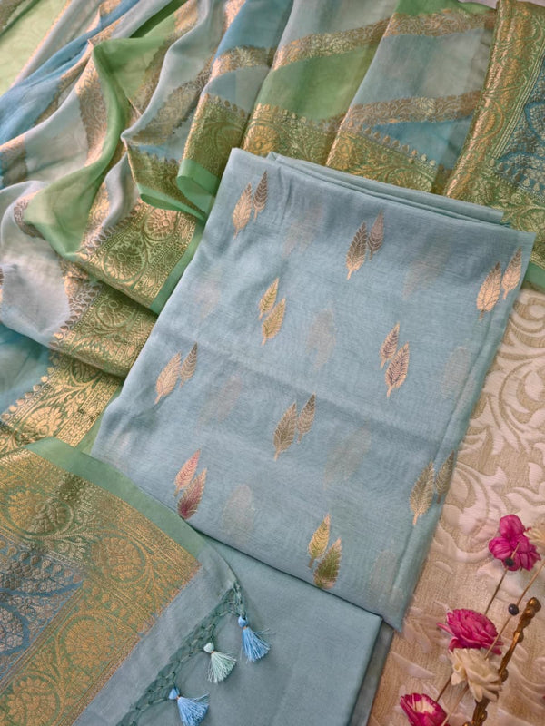 Sky Blue Banarasi Silk Unstitched Suit Set with Gold Zari Work