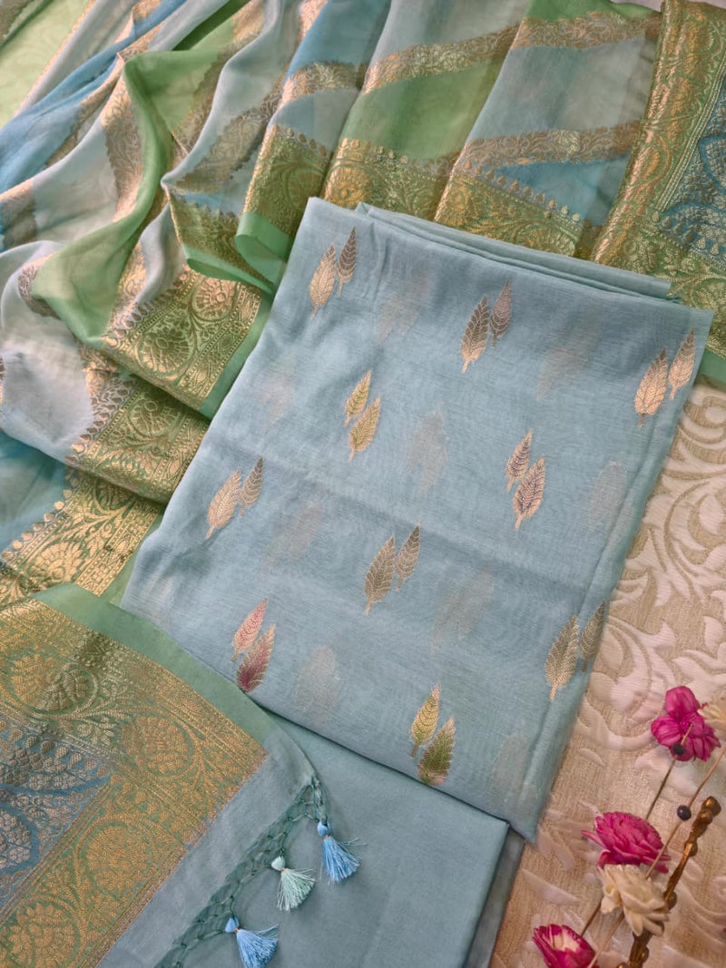 Sky Blue Banarasi Silk Unstitched Suit Set with Gold Zari Work